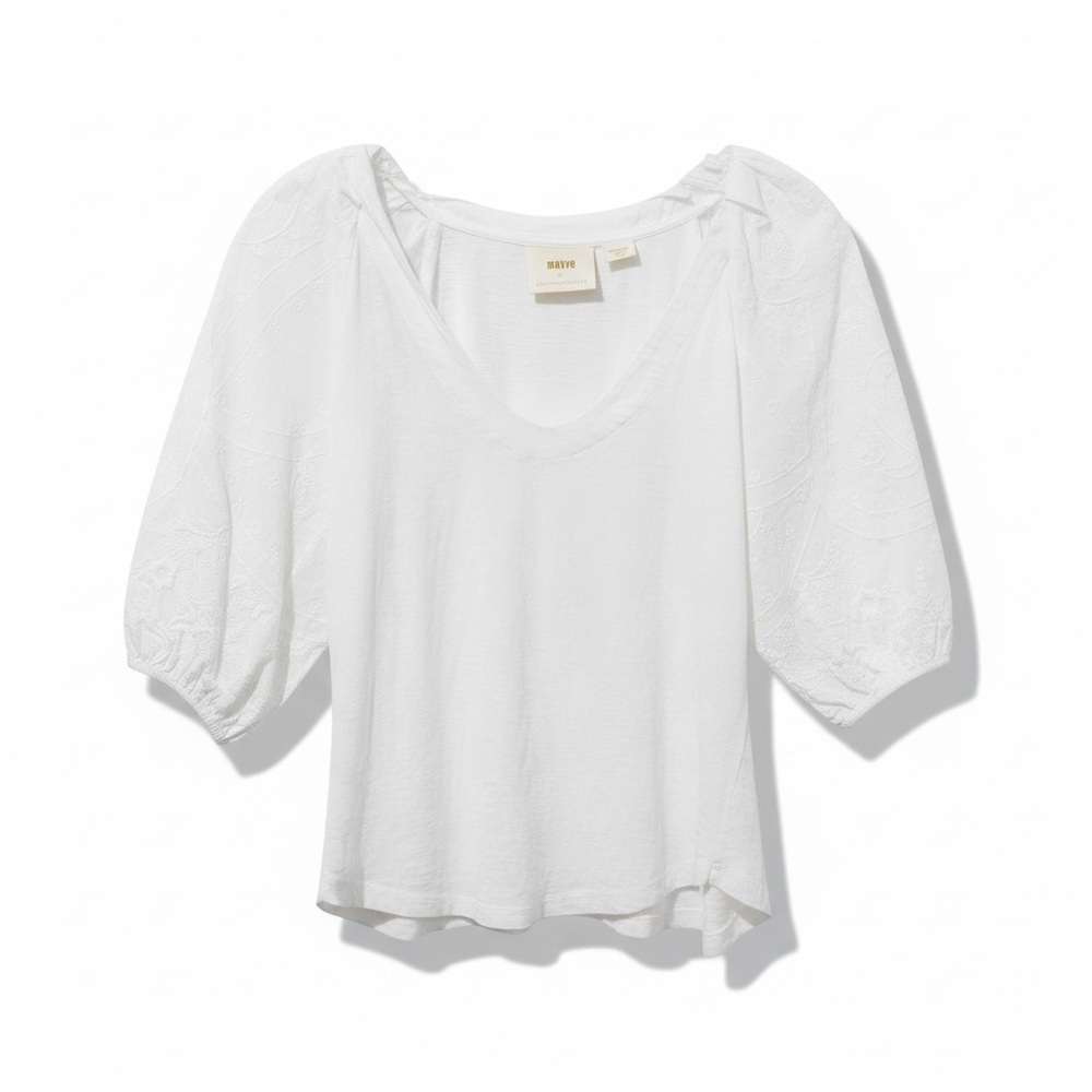Maeve Anthropologie Harmony Lace Top Puff-Shoulder Size Medium White V Neck